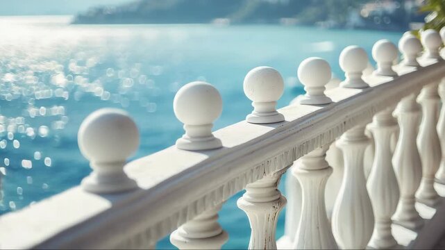 White balustrade railing by sparkling turquoise sea