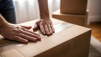 A person sealing a cardboard box with packing tape in a room