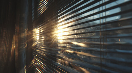 Sunlight streaming through blinds creates a dynamic interplay of light and shadow, with strong linear patterns and textural interest.