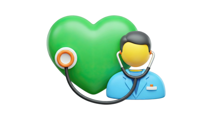 3D Cartoon Doctor with Green Heart and Stethoscope