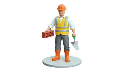 3D Cartoon Construction Worker with Brick and Trowel