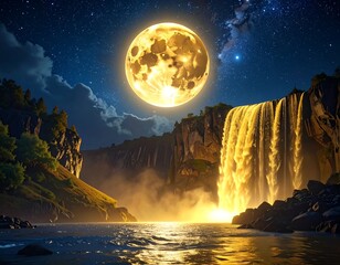 Majestic moon illuminates cascading waterfall under starry night
