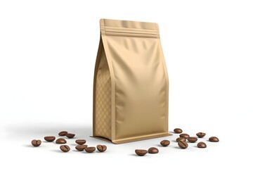 Brown Kraft Stand-Up Coffee Pouch Packaging with Coffee Beans Isolated on White Background