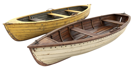 Set of wooden boats isolated on a white or transparent background.
