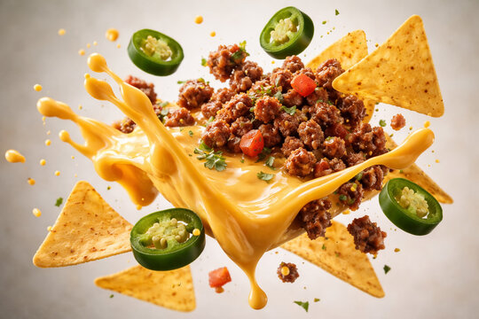 AI generated vibrant deconstructed nachos crispy tortilla chips, melted cheese, minced beef, jalapenos, and fresh toppings floating on a neutral background. Perfect for food snack-related content.