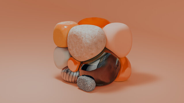 Abstract design of cube-shaped stones in various textures and colors