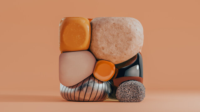 Abstract design of cube-shaped stones in various textures and colors