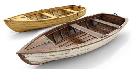 Set of wooden boats isolated on a white or transparent background.