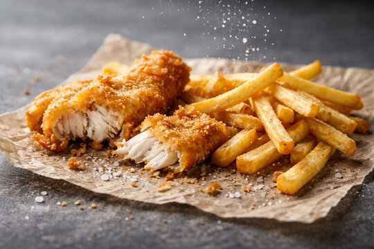 AI generated image of deconstructed fish and chips with crispy battered fish flakes and golden fries on parchment paper, sprinkled with salt. Warm lighting creates a delicious and appetizing look.