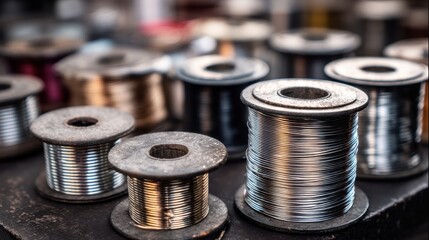 Metal wire spools on workshop table: industrial coils and supplies.
