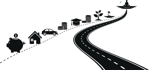 Roadmap to financial goals savings, house, car, education, investment, retirement, travel.
