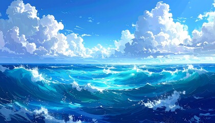 A scenic coastal view with an expansive ocean and a bright, cloud-filled sky above. Gentle waves crest toward the viewer