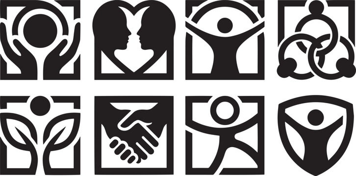 Squares icons set representing human silhouette interaction community and support system holding together connection and partnership logo for social cause - Powered by Adobe