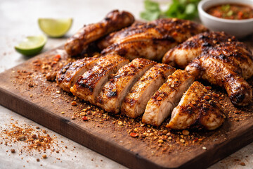 AI generated Thai grilled chicken slices with spice dust arranged in a clean studio setting offering copy space and natural food textures for commercial culinary and menu design use