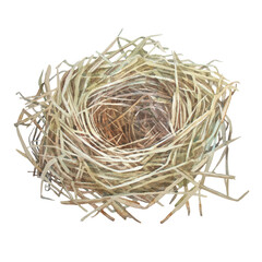 Watercolor Easter nest isolated on white background. Bird house made of twigs and branches. Spring or summer decor for sticker or celebration card. Mother's day. Clipart for wallpaper or wrapping