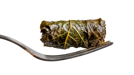 Dolma on fork, traditional mediterranean appetizer, greek food stuffed grape leaf, healthy delicious vegan meal on transparent background