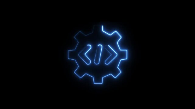 Abstract glowing neon Programing language icon animation with dark background.Futuristic glowing neon Programing language icon with smooth animated