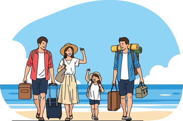 Family with Luggage Enjoying Beach Scene on Vacation