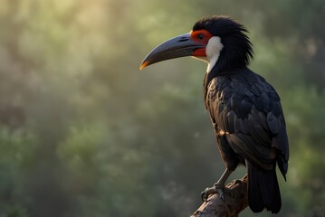 Hornbill perched silhouette with blurred background, no details