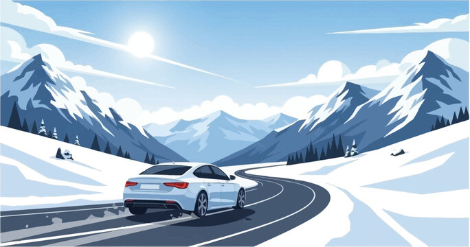 Scenic snowy mountain road with family luggage and vehicle