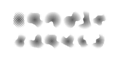 Collection of halftone dotted effect elements in different blob shapes for creative graphic design modern layouts branding visuals posters and digital composition assets