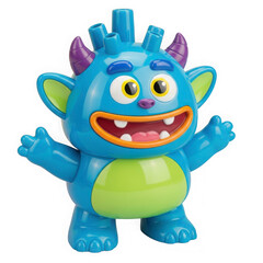 Fototapeta premium Bright blue monster toy with green belly and purple horns, featuring a wide open mouth with white teeth and yellow eyes, isolated on a transparent background.