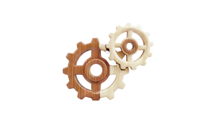 Two Wooden Interlocking Gears on White Background