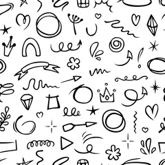 Vector seamless pattern with cute doodles. Hand drawn naive design for wallpaper, wrapping, stationery, textile.