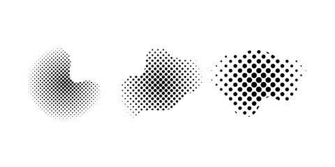 Dot halftone effect in different blob shapes with gradient dots pattern forming versatile halftone shapes for creative graphic design layouts modern branding and digital compositions