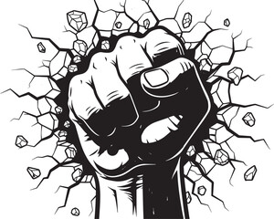 Fist punching through wall with cracks and broken stone fragments