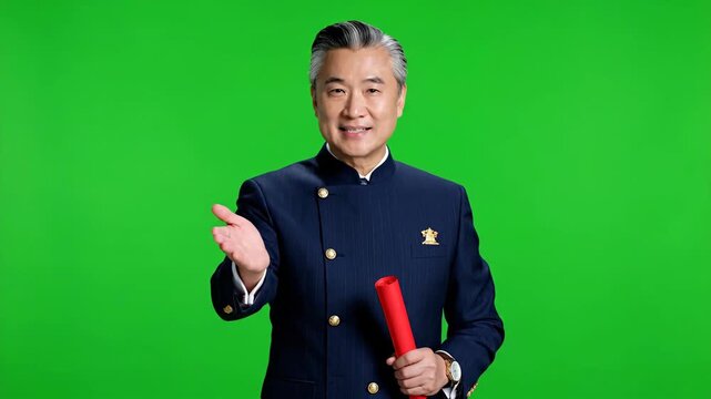 Asian Man in Traditional Attire Presents Chinese New Year Greetings with Red Scroll