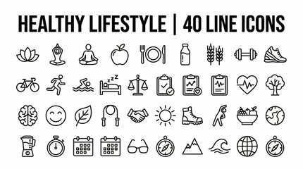 Healthy Lifestyle 40 Line Icons: A comprehensive vector icon set depicting fruits, vegetables, hydration, workouts, and wellness activities for health, fitness, and nutrition projects.