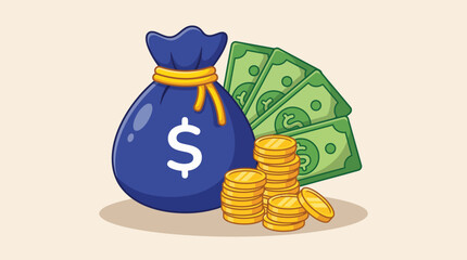 Illustration of a blue money bag with dollar sign, stacked cash, and coins representing wealth, savings, and financial growth