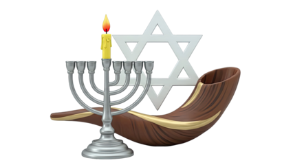 Menorah, Star of David, and Shofar on White Background