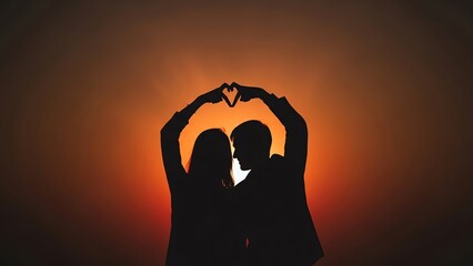 Couple forming heart shape silhouette against sunset