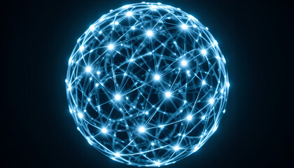 A glowing blue network sphere with connections and nodes on a dark background