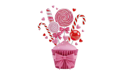 Pink Cupcake with Candy and Hearts