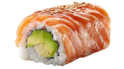 Sushi uramaki roll with salmon, avocado, rice, and sesame seeds, a fresh japanese seafood cuisine item on transparent background