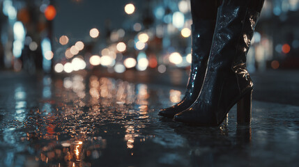 Stylish boots and city lights reflected on a wet road, capturing a moment of urban sophistication. The image evokes a sense of style and ambiance