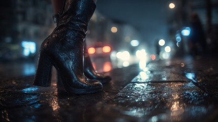 A woman's legs in leather boots standing in a rainy city street at night, with blurred lights in the background. The scene exudes an air of mystery and urban chic