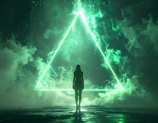 Silhouette stands before a neon triangle in swirling green vapor