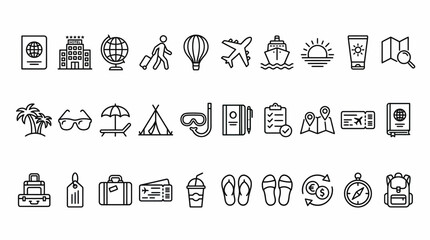 Comprehensive black line vector icon set featuring travel, business, technology, finance, and everyday concepts in a clean outline style.