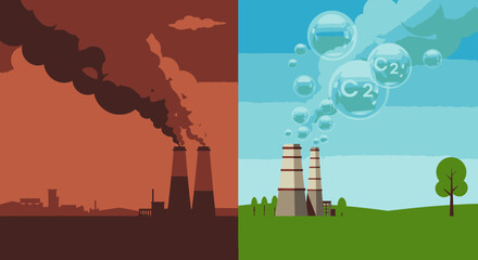 Obraz premium A stark visual comparison illustrating the critical difference between industrial pollution and sustainable, clean energy solutions, highlighting environmental impact.