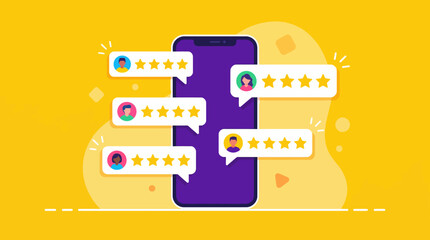 Vibrant illustration of a purple smartphone surrounded by chat bubbles and five-star ratings, symbolizing mobile app reviews, ratings, and user feedback on a bright yellow background.