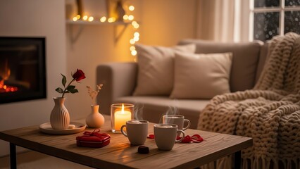Cozy living room with fireplace and mugs