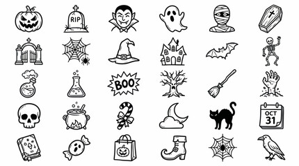 Whimsical Halloween icon set with hand-drawn ghosts, skulls, witches, potions, pumpkins and spooky symbols for graphic design, crafts, stickers and creative projects.