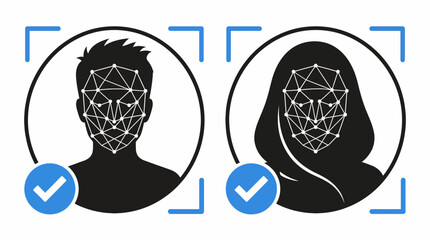 Abstract biometric identity concept featuring wireframe head models and digital verification icons for facial recognition and AI.