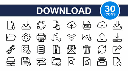 Set of 30 minimalist line icons for download and file actions, including cloud download, arrows, documents, and storage symbols on a white background.