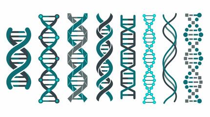 Set of stylized DNA double helix icons in teal and gray, representing genetics, genomics, molecular biology, and biotech concepts.