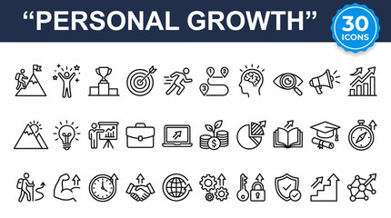 Icons depicting personal growth, self-improvement, productivity, learning, health, career, finance, and goal setting for motivation and lifestyle development.